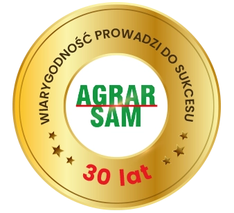 Złota jubileuszowa odznaka z logo firmy Agrar Sam, napisem "30 lat" oraz hasłem "Wiarygodność prowadzi do sukcesu".